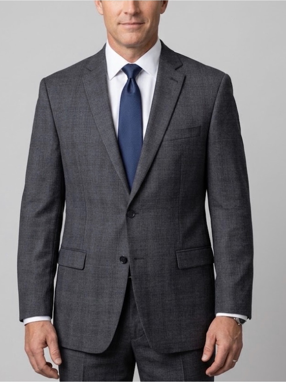 Calvin Klein Men's Plaid 42L Gray Plaid 100% Wool Blazer Two Button Suit‎ Jacket